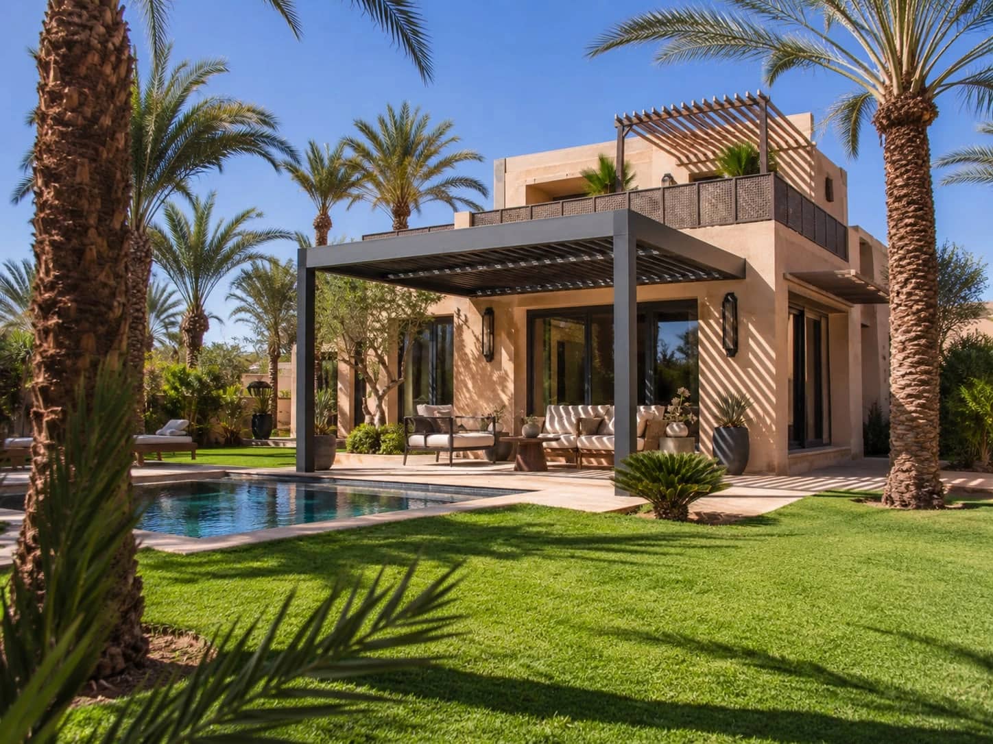 Pergola bioclimatique sur la terrasse d’une villa à la Palmeraie de Marrakech