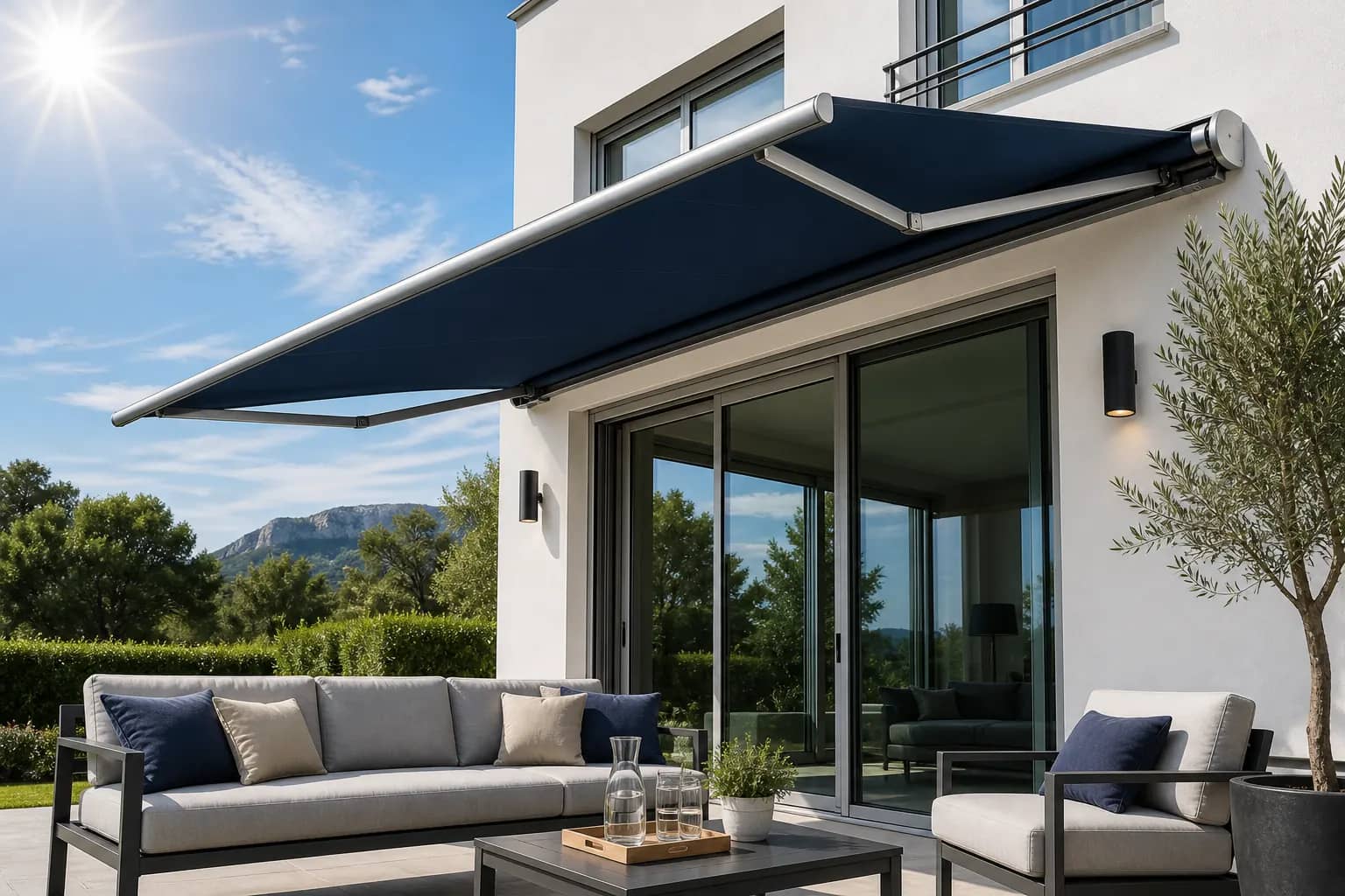 Store banne rétractable protégeant une terrasse ensoleillée