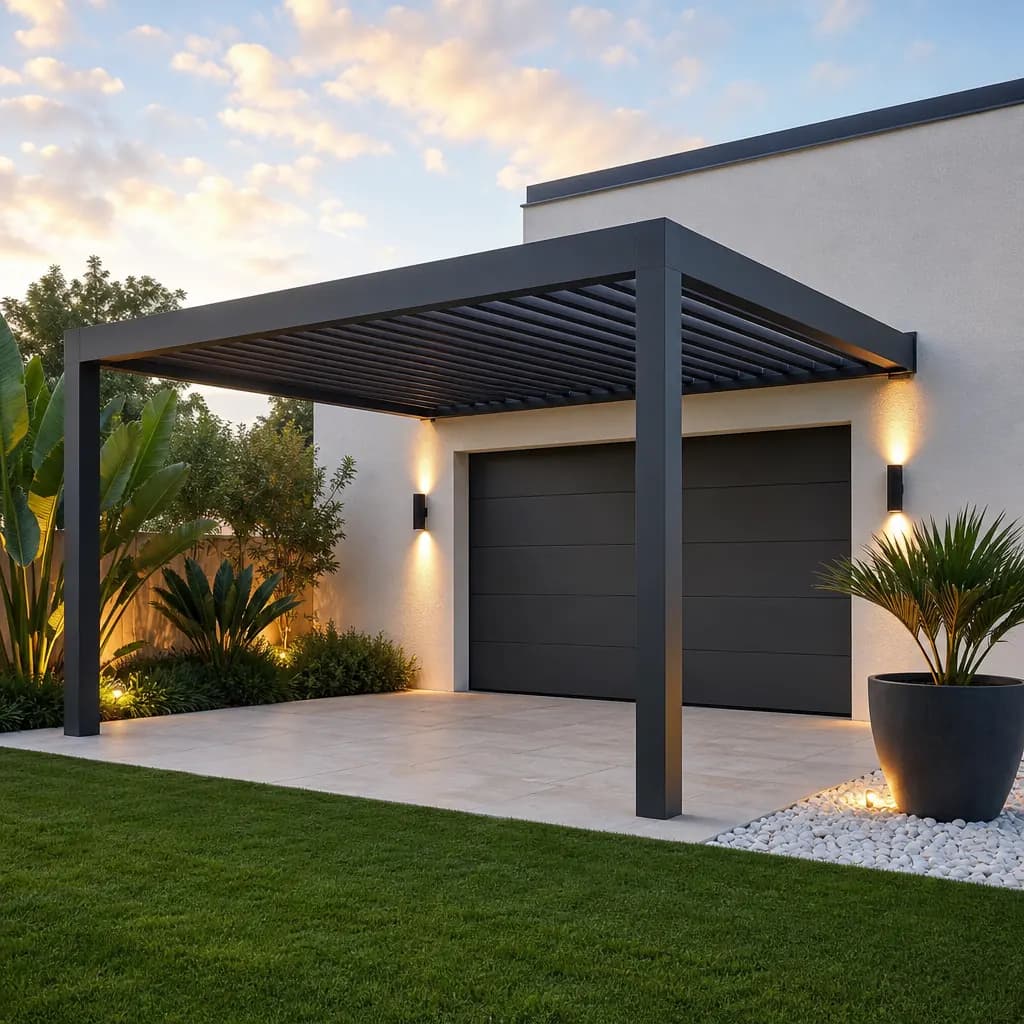 Pergola bioclimatique anthracite sur façade de villa au crépuscule — Store Luxe Maroc