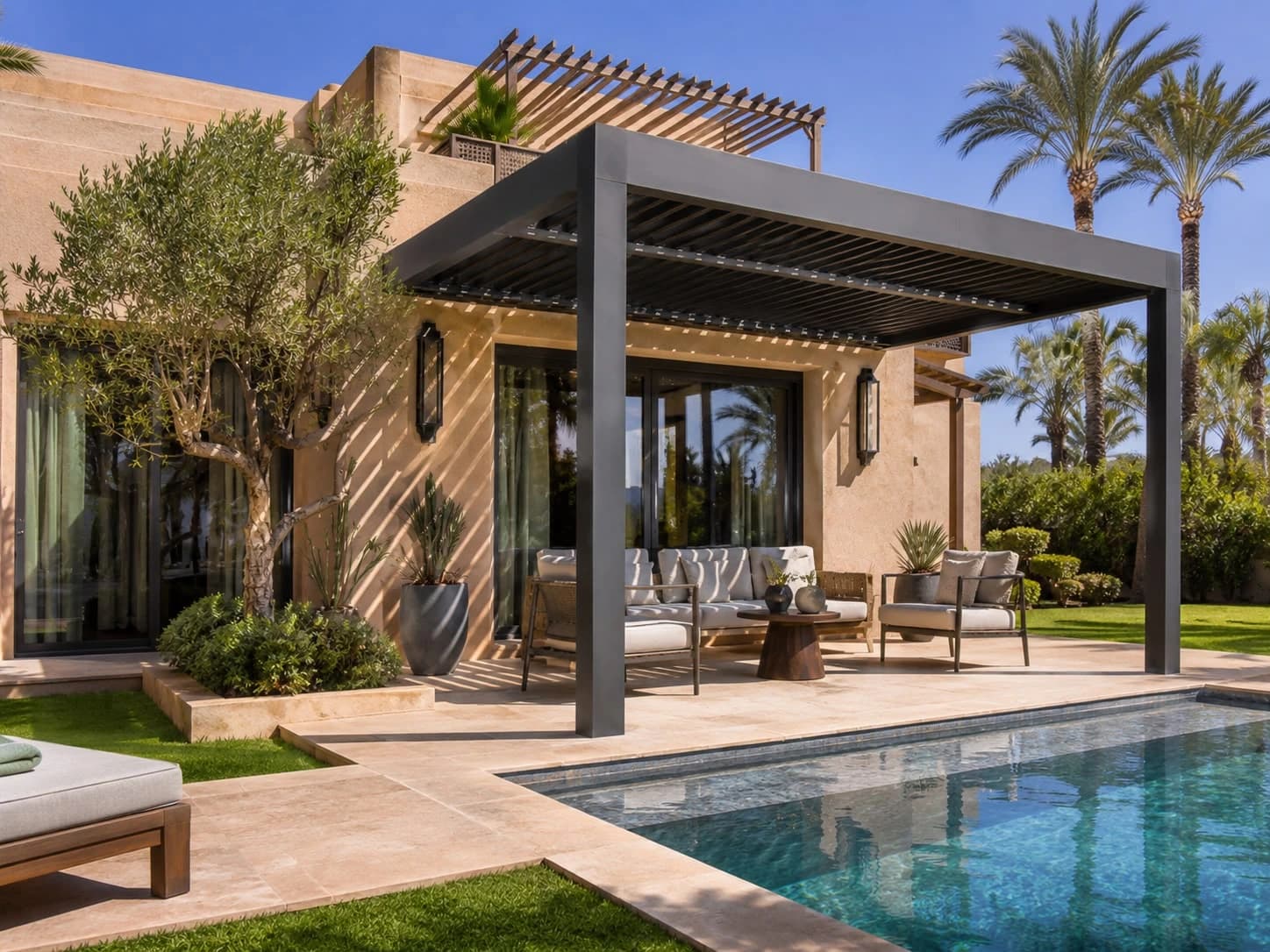 Pergola bioclimatique intégrée à la façade d’une villa dans la Palmeraie