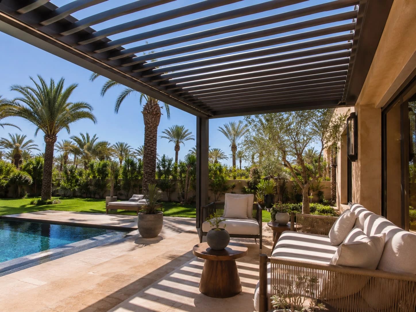 Salon extérieur ombragé sous une pergola bioclimatique à Marrakech