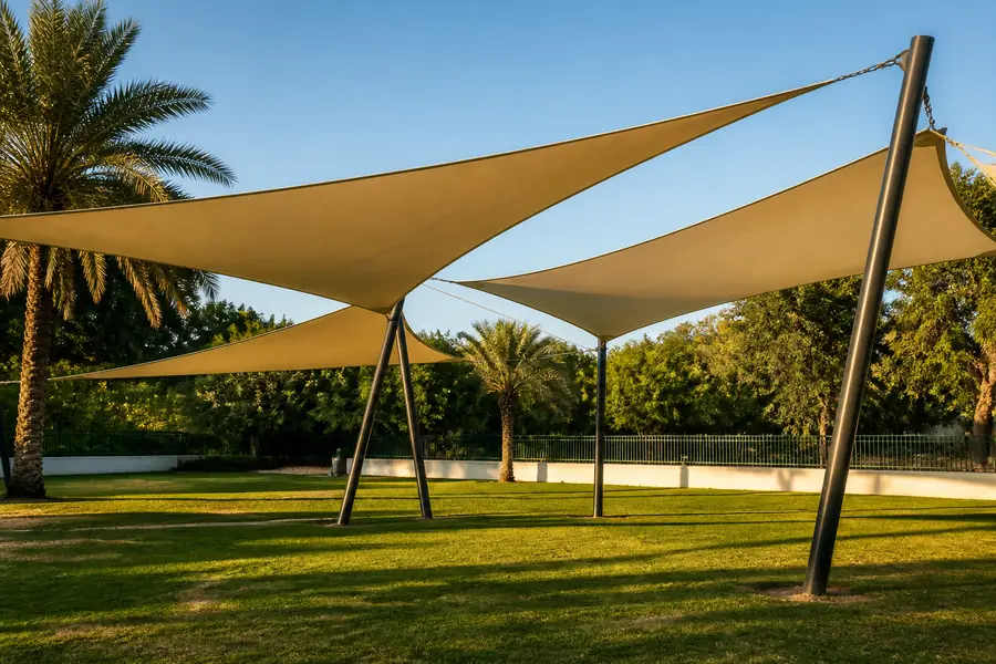 Espace Public — voile d'ombrage beige sur poteaux